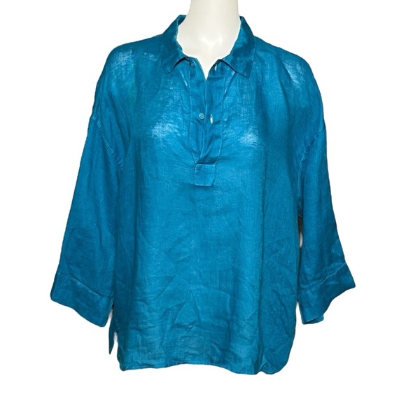 CP Shades Linen Teal Blue Shirt Henley Boxy Oversized Top 3/4 Sleeve Size Large - Picture 7 of 7